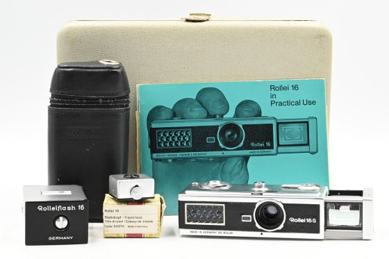 Rollei 16 S Camera w/Flash, Case, Tripod Head, Box, Book